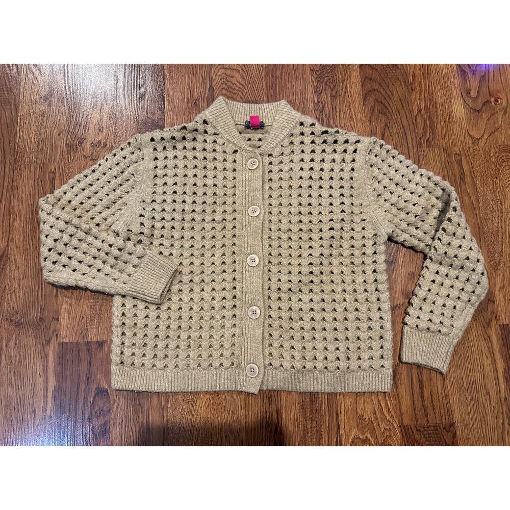 Vince Camuto Women's Pointelle Crew Neck Cardigan Tan Size S Stylish & Cozy